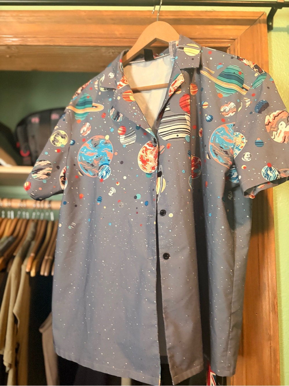 Men's Space Print Short Sleeve Button-Up Shirt - Blue